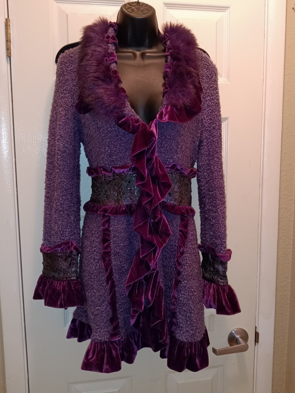 Boston Proper Faux Fur Plum Velvet-Trim Bouclé Coat Jacket Luscious Luxury! Sz S